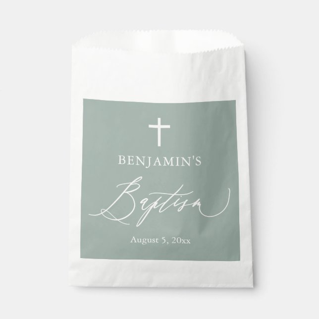 Sage Green White Cross Boy Baptism Favour Bags (Front)