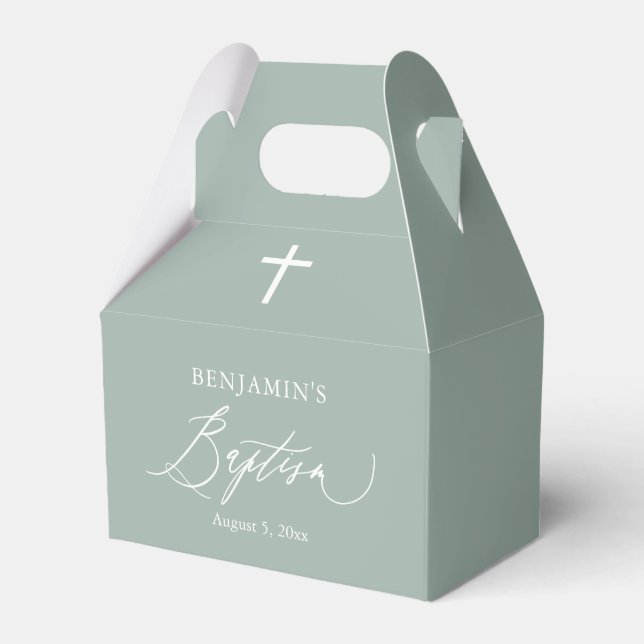 Sage Green White Cross Boy Baptism Favour Box (Front Side)