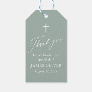 Sage Green White Cross Boy Baptism Favour Tags