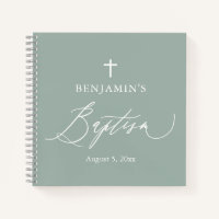 Sage Green White Cross Boy Baptism Guest Book