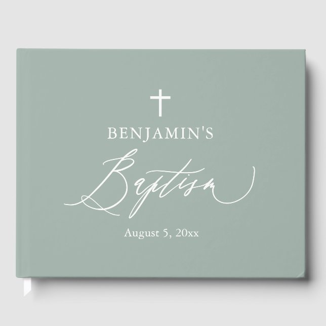 Sage Green White Cross Boy Baptism Guest Book (Front)