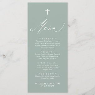 Sage Green White Cross Boy Baptism Menu Card