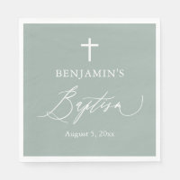 Sage Green White Cross Boy Baptism Paper Napkins