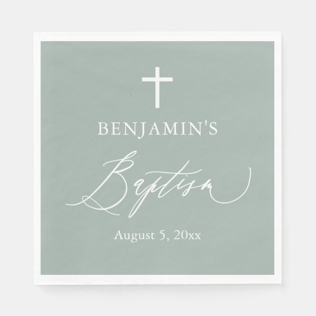 Sage Green White Cross Boy Baptism Paper Napkins (Front)
