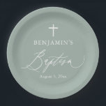 Sage Green White Cross Boy Baptism Party Plates<br><div class="desc">Sage Green White Cross Boy Baptism Party Plates,  Sage Green Baptism,  Boy Baptism,  Modern Sage Green Baptism Party Paper Plates</div>