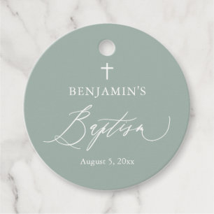 Sage Green White Cross Boy Baptism Round Favour Ta Tags