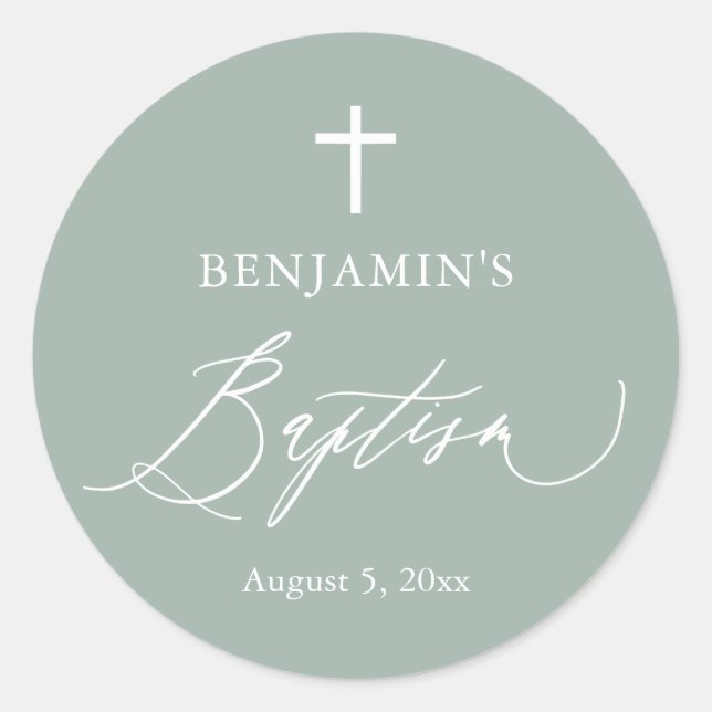 Sage Green White Cross Boy Baptism Round Sticker (Front)