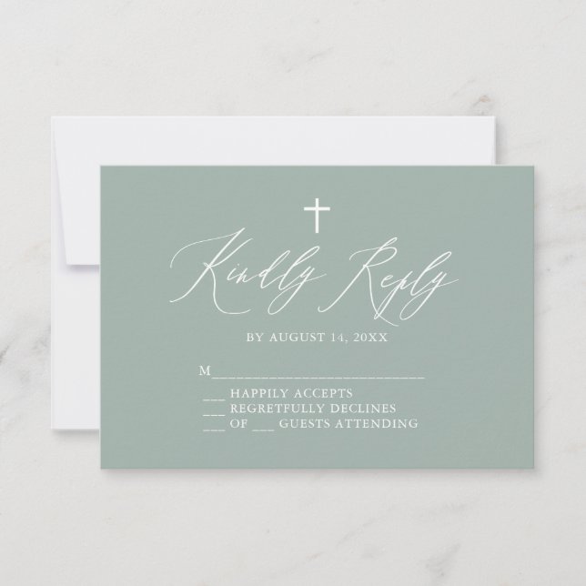 Sage Green White Cross Boy Baptism RSVP Card (Front)
