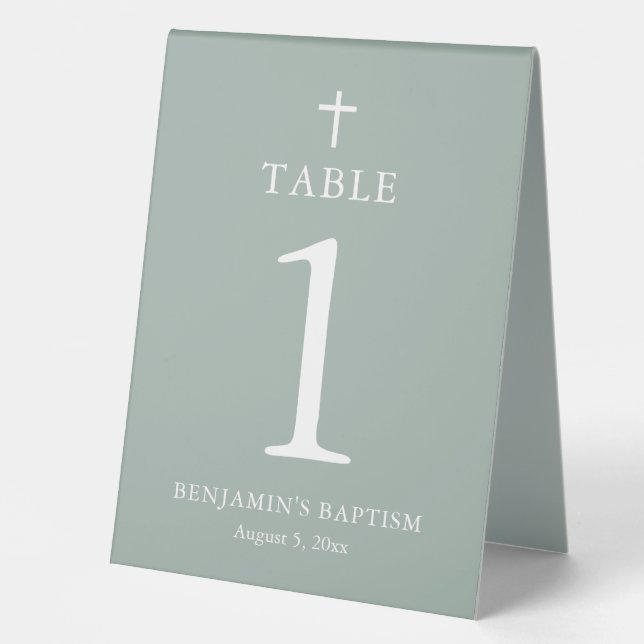 Sage Green White Cross Boy Baptism Table Tent Sign (Front)