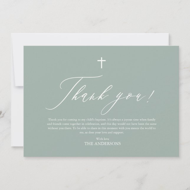 Sage Green White Cross Boy Baptism Thank You Card (Front)
