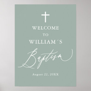Sage Green White Cross Boy Baptism Welcome Sign