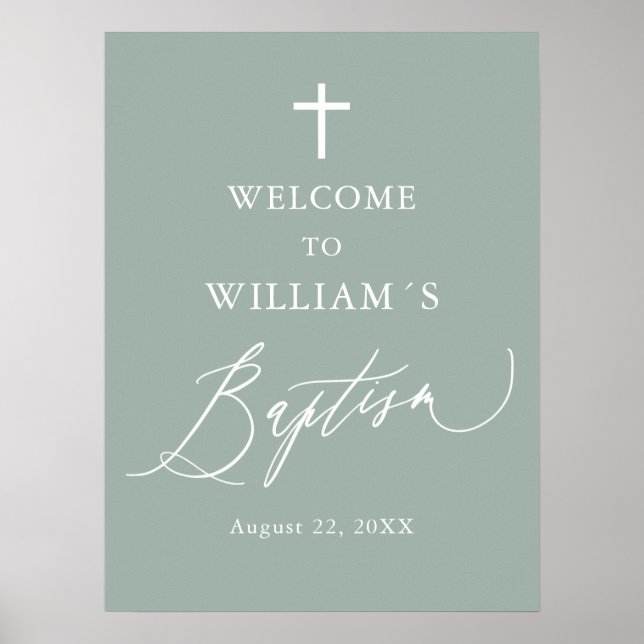 Sage Green White Cross Boy Baptism Welcome Sign (Front)
