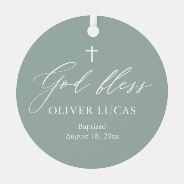 Sage Green White Cross Photo Boy Baptism Ornament (Front)
