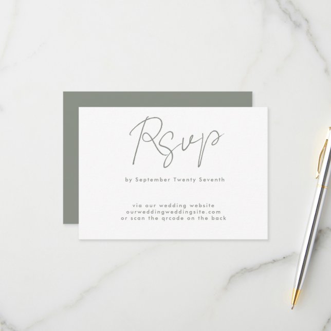 sage green white custom Website QR CODE BACK RSVP Card (Front/Back In Situ)