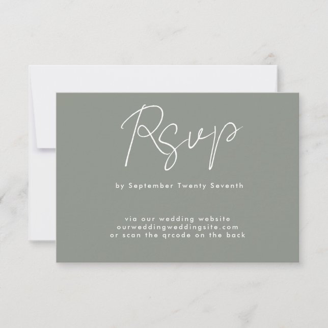 sage green white custom Wedding Website QR CODE RSVP Card (Front)