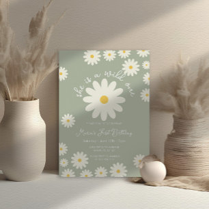 Sage Green White Daisy She is a Wild ONE Birthday  Invitation