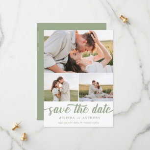 Sage Green White Elegant Bold Script Photo Collage Save The Date