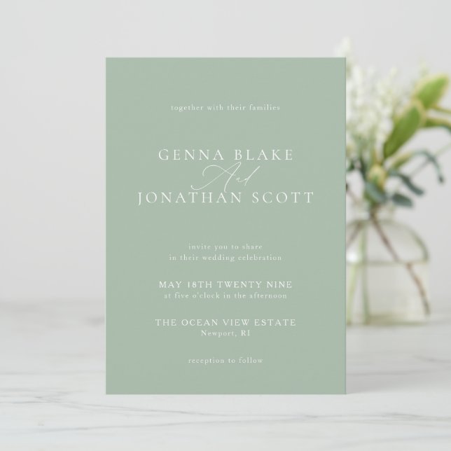 Sage Green & White Elegant Minimalist Wedding Invitation (Standing Front)