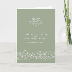Sage green white fleur de lis monogram art wedding programme