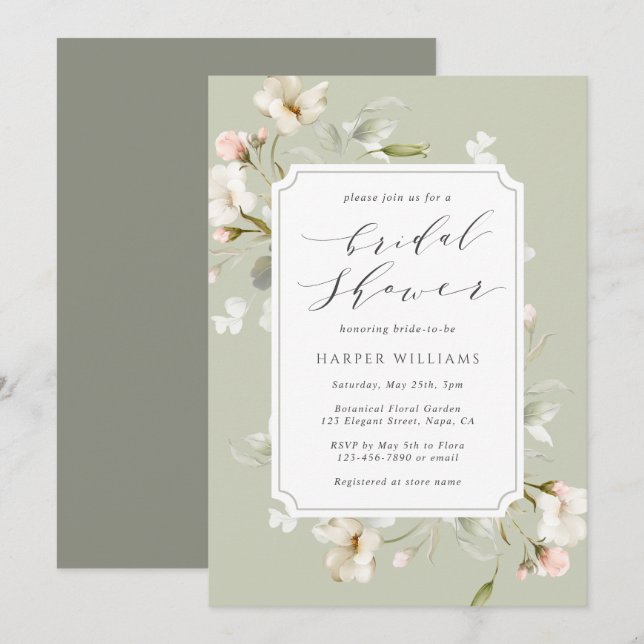Sage Green White Floral Bridal Shower Invitation (Front/Back)