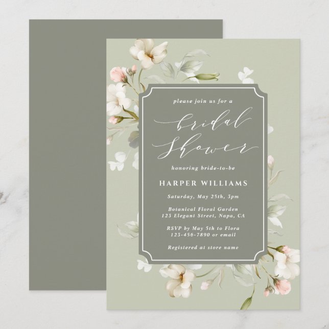 Sage Green White Floral Bridal Shower  Invitation (Front/Back)