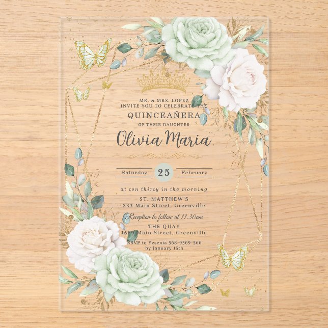 Sage Green & White Floral Butterflies Quinceanera Acrylic Invitations (Front)