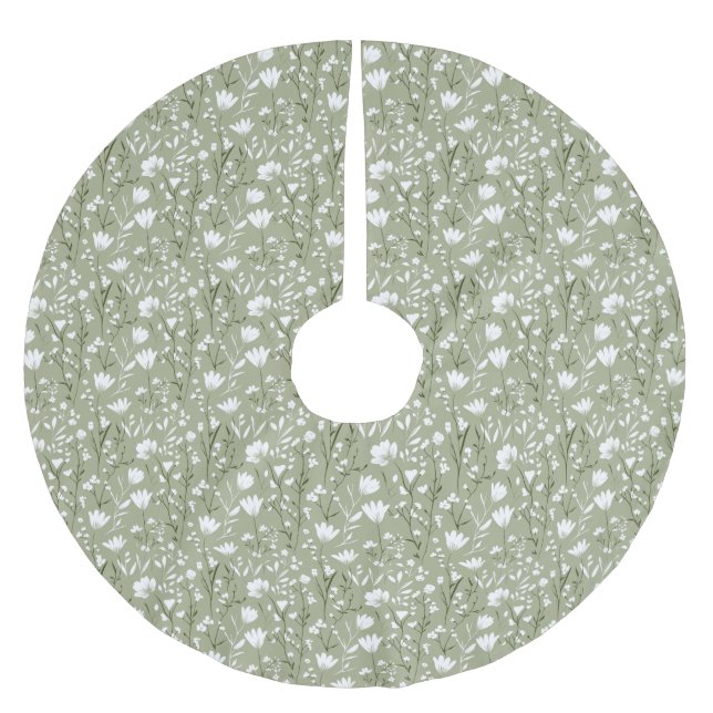 Sage Green White Floral Christmas Holiday Brushed Polyester Tree Skirt (Front)
