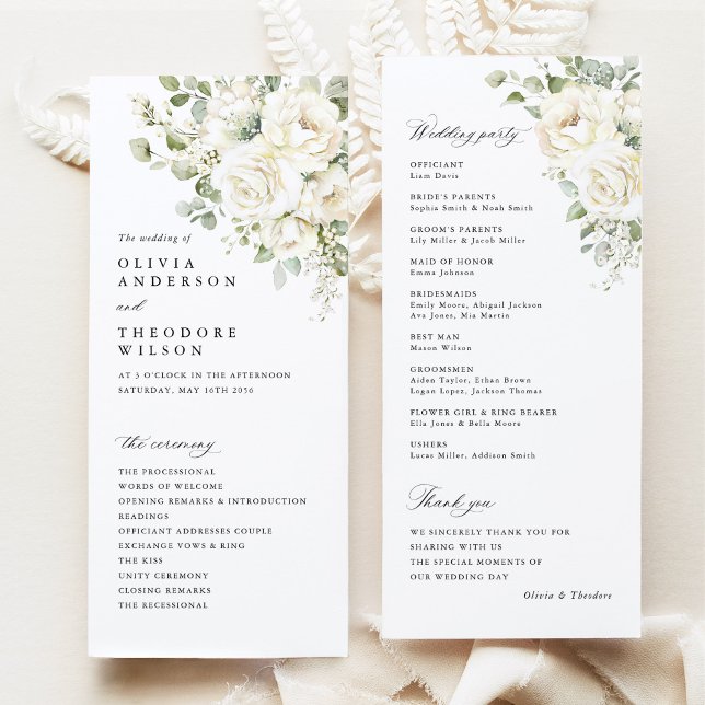 Sage Green White Floral Elegant Wedding Ceremony Programme (Sage green white floral wedding program card, watercolor modern classic order of ceremony stationery)