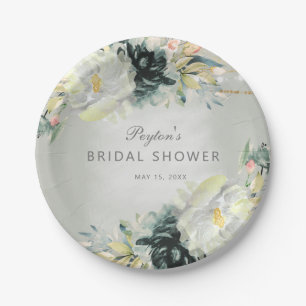 Sage Green White Floral Glitter Bridal Shower Paper Plate