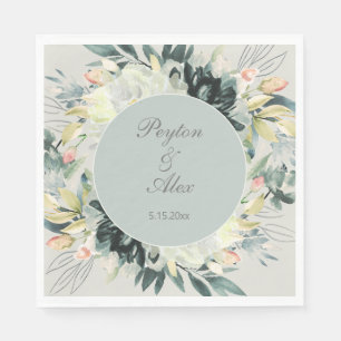 Sage Green White Floral Glitter Wedding Napkin