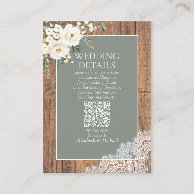 Sage Green White Floral Lace Wood QR Code Details Enclosure Card (Front)