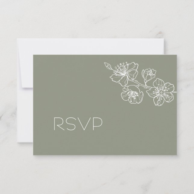 Sage Green White Floral Line Art RSVP (Back)