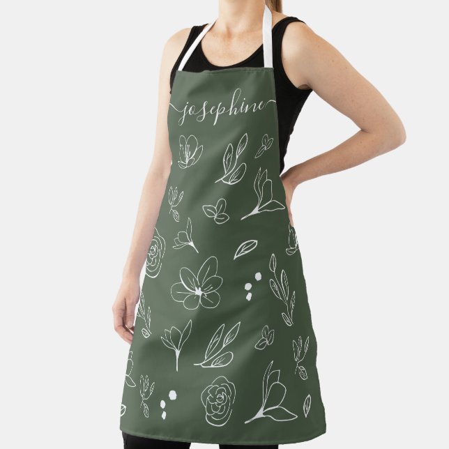 Sage green White Floral Minimal personalised Apron (Insitu)