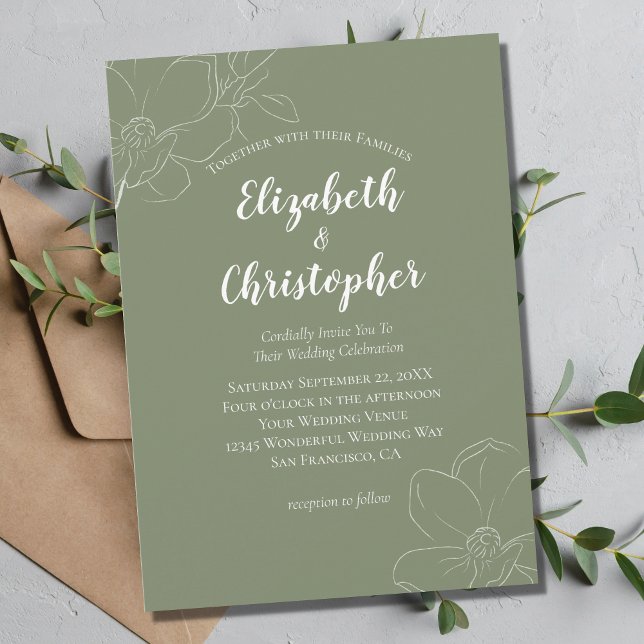Sage Green White Floral Modern Wedding Invitation (Creator Uploaded)