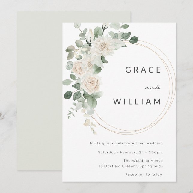 Sage Green White Floral Modern Wedding Invitation (Front/Back)