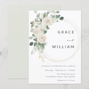 Sage Green White Floral Modern Wedding Invitation