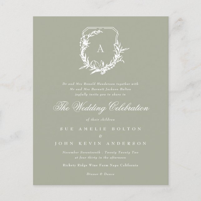 Sage Green White floral monogram crest Budget Flyer (Front)