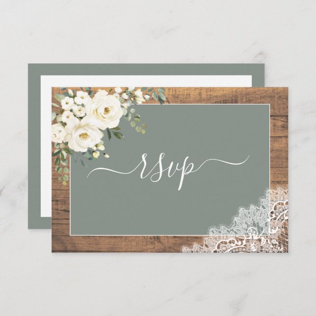 Sage Green White Floral Script Lace Wood RSVP (Front/Back)