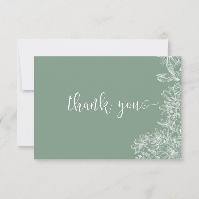 Sage Green White Floral Script Thank You Note Card (Front)