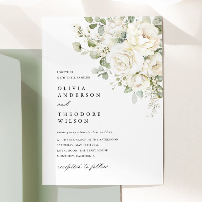 Sage Green White Floral Watercolor Elegant Wedding Invitation (Sage green white floral watercolor wedding invitation card, bouquet design, wedding stationery)