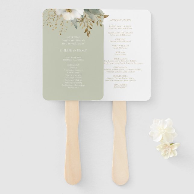 Sage Green & White | Floral Watercolor Wedding Hand Fan (Front and Back)