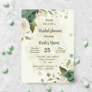 sage green white flowers botanical bridal shower invitation
