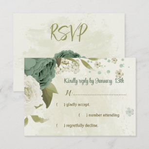 sage green white flowers botanical wedding RSVP card