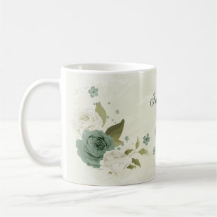 sage green white flowers  coffee mug