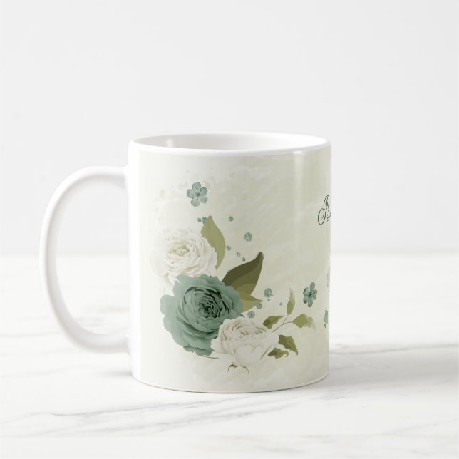 sage green white flowers  coffee mug (Left)