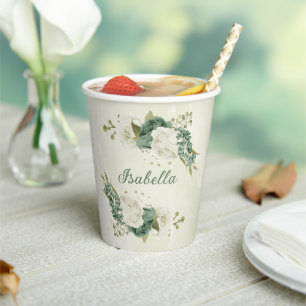 sage green white flowers paper cups