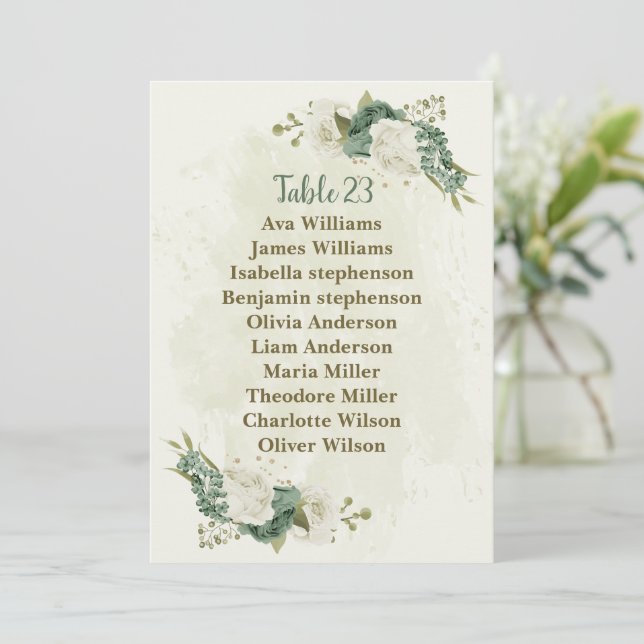 sage green white flowers seating chart card (Standing Front)