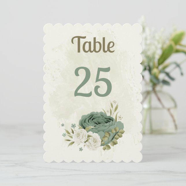 sage green white flowers table number card (Standing Front)