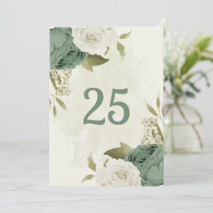 sage green white flowers table number card