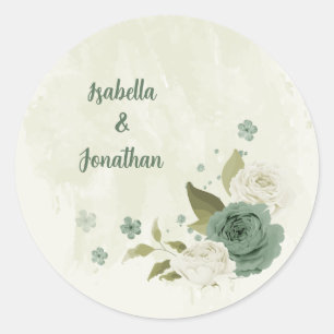 sage green white flowers wedding classic round sticker